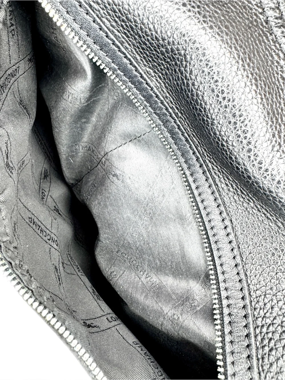 Longchamp Black Pebbled Leather Hobo Shoulder Bag Silver Hardware Large
